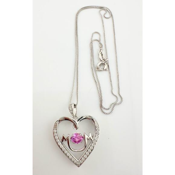 "Mom" Dancing Heart Necklace with Lab Created Pink & White Sapphires - Picture 7 of 9